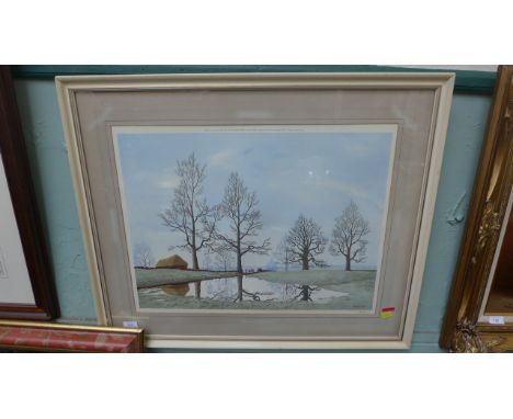 Large  landscape print 'Flooded Meadow' of winter scene of oak trees beside pond and haystack signed Hillier, (24" x 18")  