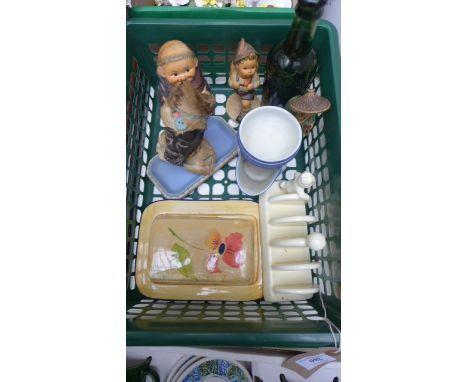 Magpie lot including various figurines, Wedgwood trinket dish, shaving mug, butter dish, toast rack etc.