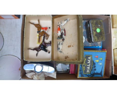 Mixed coins and marbles, hip flask, child's metal hunting set, board games etc