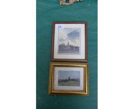 Framed watercolour of Sunset over Louth by T.E.J. Brooker and a small gilt framed miniature print of The Royal Marine Barrack