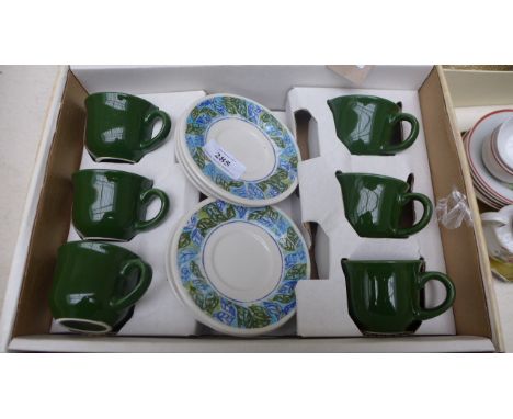 Set of 6 green ground Cappuccino coffee cups and saucers in original box.