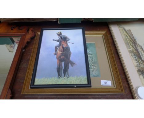 Framed coloured print of a fox and another of a jockey at morning exercise