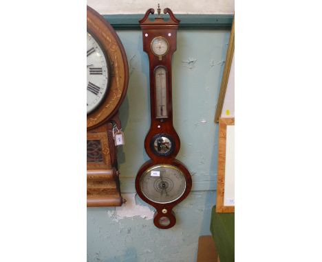 Inlaid mahogany cased 3 dial banjo barometer inset concave mirror to centre ex. W. Meyers of Stony, Stratford