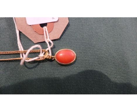 Gold pendant chain and necklace, single red coral oval stone set pendant (10gms)