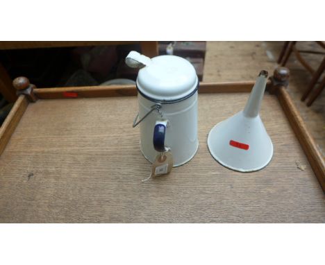 White enamel lidded milk can and funnel.