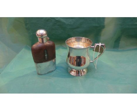 Plated pint tankard and a leather and plated spirit flask