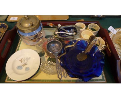 Magpie lot including plated and cobalt blue glass conserve dish, Palissy  blue and plated jam pot, trinket dishes, miniature 