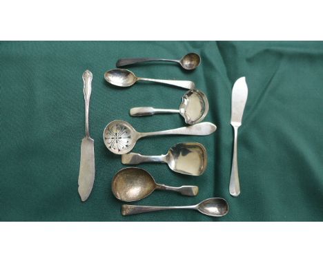 Selection of silver including sifter, caddy and mustard spoons and 2 silver butter knives (9 pieces)