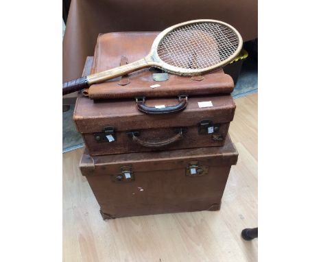 Vintage wedding travel box / case along with vintage leather case, satchel and wooden tennis racket&nbsp;