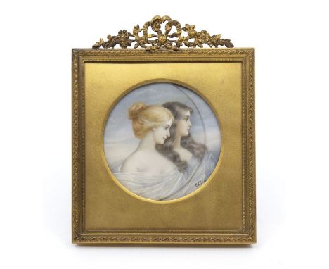 A Collings framed in gilt desk frame, miniature portrait of two young women, signed