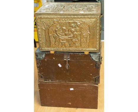 Collection of vintage tools in two tool chests including vintage Stanley planes and other wooden handled tools along with bra