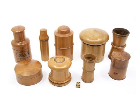 A collection of treen boxes, jars, dice shakers, etc, case enclosing watch makers tools; (9)