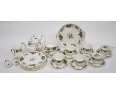 A Royal Albert Berkeley tea service including a teapot, milk jug, sugar basin, salt and pepper pots, six cups and saucers, si