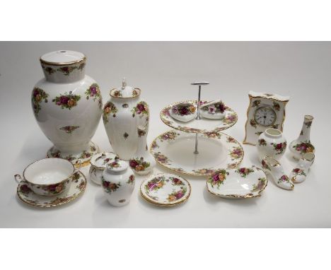Royal Albert Old Country Rose tea and china items including a cake stand, lamp, clock, Posie vases, other items all good cond
