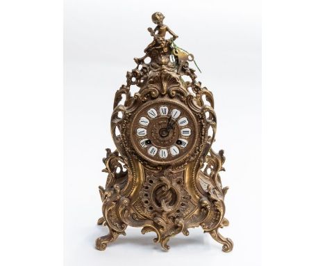 French ormolu style mantle clock, two train movement, striking on a bell, 4" dial approx, with raised ceramic numerals