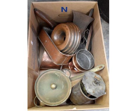 A collection of copper and brass wares including 19th Century clock work stove/fire hanger, kettles, pots, water pots, trough