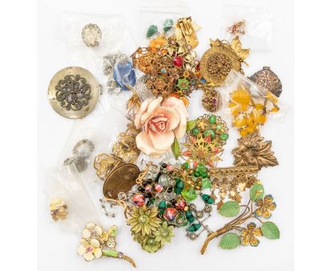 A collection of vintage costume jewellery to include glass bead necklaces, paste and enamel style brooches, buckles, bracelet