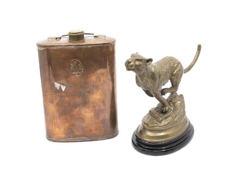 Barye- A cast metal Cheetah signed Barye mounted on a ceramic base with factory mark to base, along with a cooper and brass f