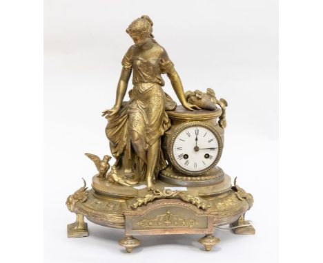 Victorian French spelter mantle clock depicting a lady and doves, 3" dial approx, two train movement, striking on a bellcondi