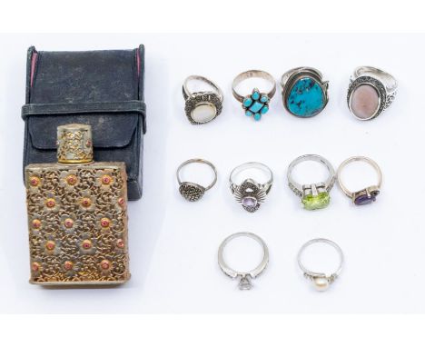 A collection of silver and gem set rings, to include turquoise, mother of pearl, pearl, amethyst, marcasite etc,various sizes