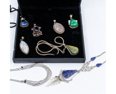 A collection of silver and gem set pendants to include labradorite, approx 2.5 x 4cm, moonstone, lapis lazuli, malachite, ame