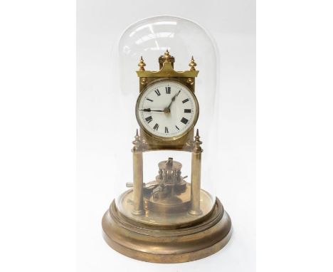 A late 19th Century gilt metal skeleton clock, the enamel dial with roman numerals, stamped GB on verso on circular metal bas
