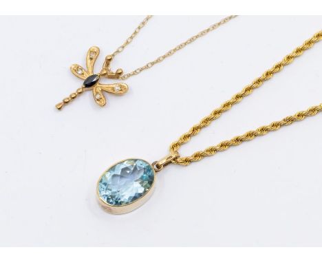 A blue topaz and 9ct gold oval pendant, rub-over set, approx 10 x 14mm, on a rope link chain, length approx 16'', along with 