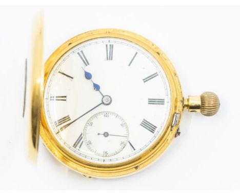 An early 20th Century half hunter 18ct gold pocket watch, white enamel dial with Roman numerals markers, subsidiary dial at 6