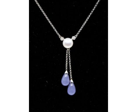 A pearl and diamond lavender  jade 14ct white gold negligee necklace, comprising a cultured pearl illusion set either side wi