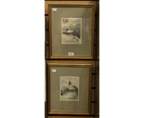 A pair of silk prints featuring Alpine scenes, 17 x 13cm, signed l r