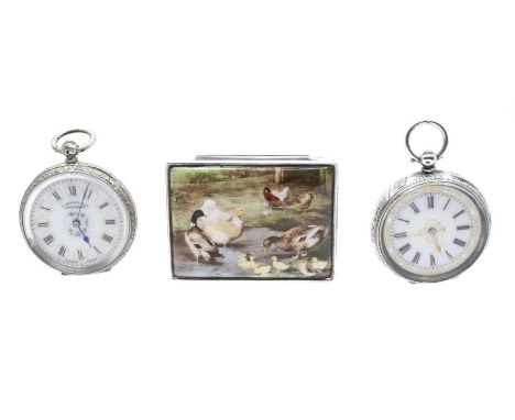 Two ladies' pocket watches, both open faced with enamel dials with gilt decoration including a E. Harris &amp; Co Liverpool, 