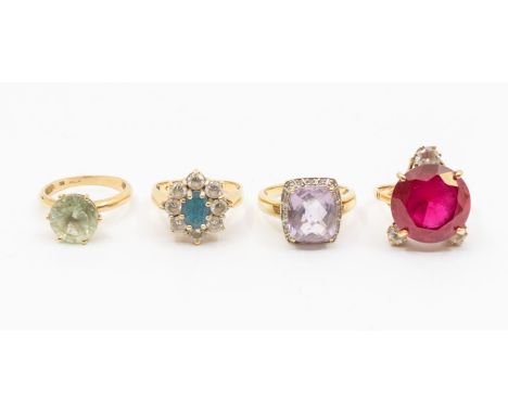 A collection of 9ct gold and gem set rings to include a synthetic ruby and colourless stones, round synthetic ruby approx 15m