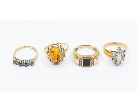 A collection of four 9ct gold stone set dress rings, to include an onyx and diamond ring size O, an opal and colourless stone