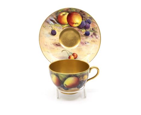 A Royal Worcester fruit pattern cup and saucer with gilt interior, signed by WH Austin on cup and W. Hale on saucer (in good 