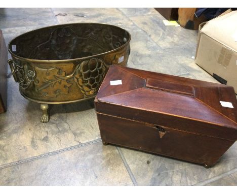 19th Century mahogany tea caddy, early 20th Century, brass oval planter on lions feet, onyx eggs and a dish etc