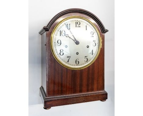 Edwardian mantle table clock, with three train movement chiming on gongs, Arabic numerals, 8" dial approx, movement inscribed