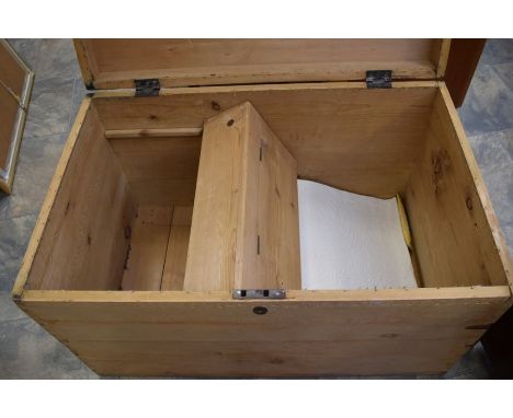 Antique pine large linen trunk with cast carry handles Art Nouveau lock internal candle box