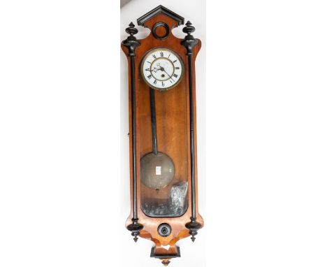 Vienna wall clock on walnut veneered case, ebonised moldings, single train movement, 5" two piece dial, damage to enamel wind