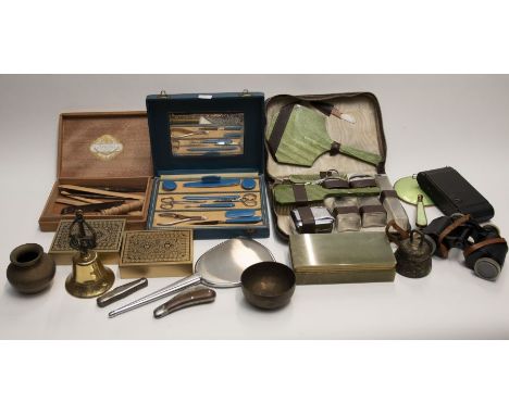 A mixed collectors lot containing a vintage camera, binoculars, vanity cases, dressing table items, tins, lighters, small bra