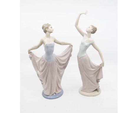 Lladro - a figure of a lady in graceful pose - model 5050 - together with a Nao figure in dance pose.