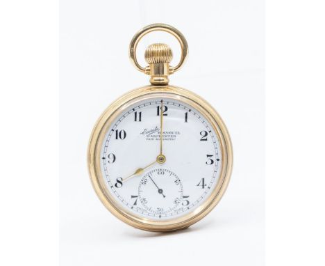 A gold plated early 20th Century pocket watch, by H Samuel, of Manchester, white enamel dial with roman numeral markers, subs