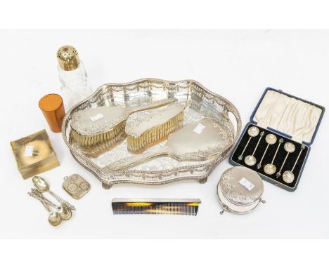 A silver brush set, to contain a hairbrush, mirror, clothes brush, and comb along with a silver trinket box, together with a 