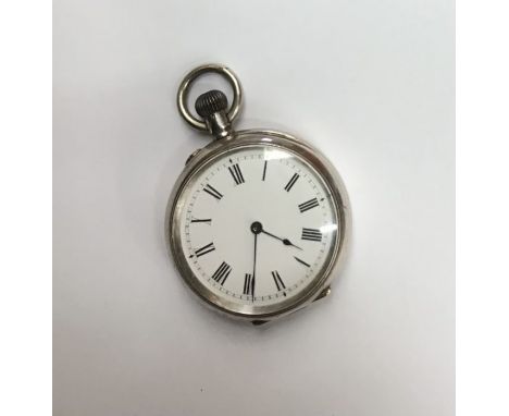 A ladies silver open faced pocket watch, white enamel dial with Roman numeral markers, approx 30mm, engine turned cased with 