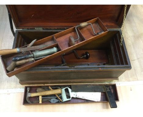 Mahogany early 20th century Naval tool chest, chief shipwright Devonport dockyard, with collection of early 20th century tool