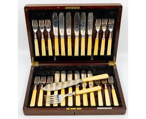 George V set of cased set of twelve  ivory handled fish eaters, with silver prongs and blades, hallmarked Sheffield 1935, Har