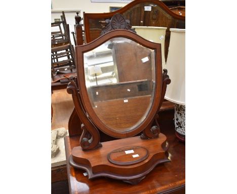 19th Century mahogany shield shaped toilet mirror with bevelled glass