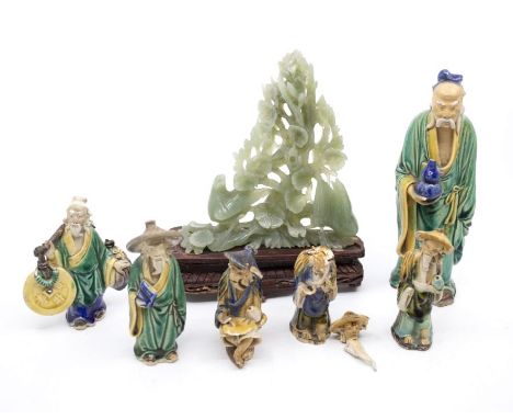 A collection of stone wares, Chinese figures, jade figure of birds in foliage, plus stand