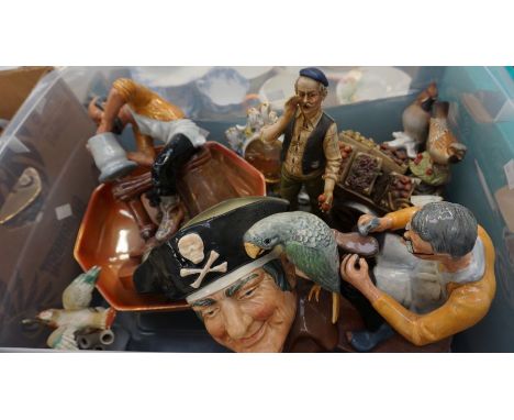 A collection of ceramics to include; Capodimonte figure, two studio figures, a lustre bowl, clock birds and Doulton character