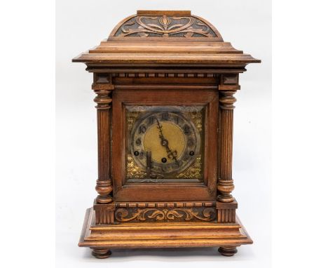 A Victorian mahogany 8 day Westminster chime clock, gold and silvered face, Arabic numerals, Art Nouveau style