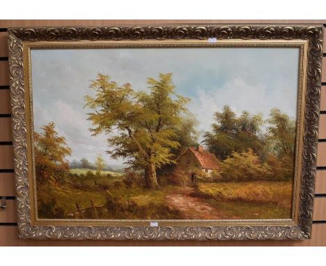 A large oil on canvas, 20th Century, by R Hanson, signed bottom right, of a country cottage rural scene, 60 x 90cms approx